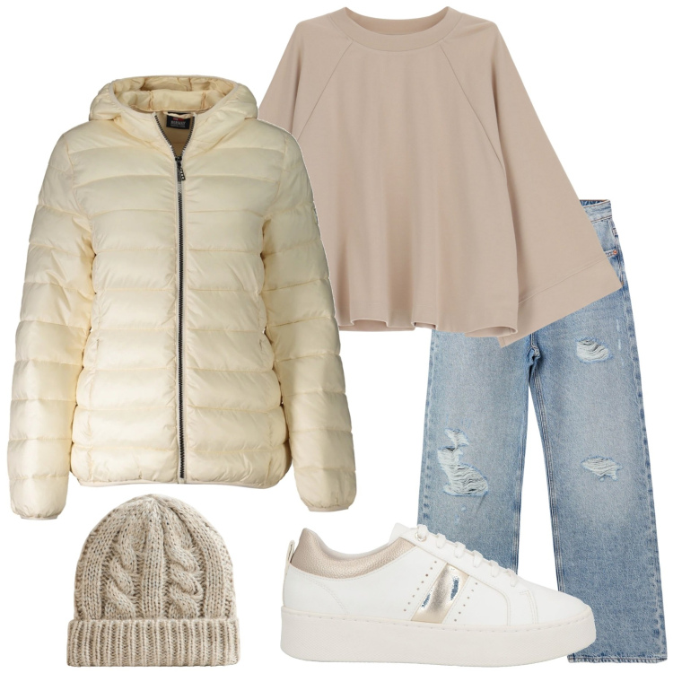 Outfit donna - Il freddo di gennaio. Stile Casual per Tutti i giorni. Abbinamento con sneakers, jeans strappati, berretti, felpe, blazer.