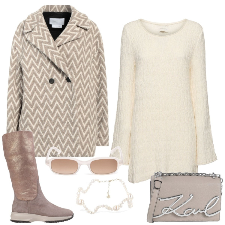 Outfit donna - Panna. Stile Casual chic per Tutti i giorni. Abbinamento con cappotti, stivali da neve, borse a tracolla, vestiti, occhiali da sole, collane.
