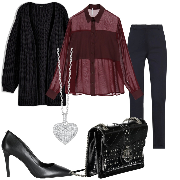 Outfit donna - La sera in casa di amici. Stile Casual chic per Serata fuori. Abbinamento con cardigans, pantaloni, décolleté, collane, camicie, borse a tracolla.