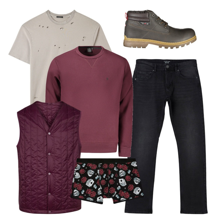 Outfit uomo - Borgogna street. Stile Casual per Tutti i giorni. Abbinamento con t-shirt, jeans dritti, boxer, piumini, stivali, felpe.
