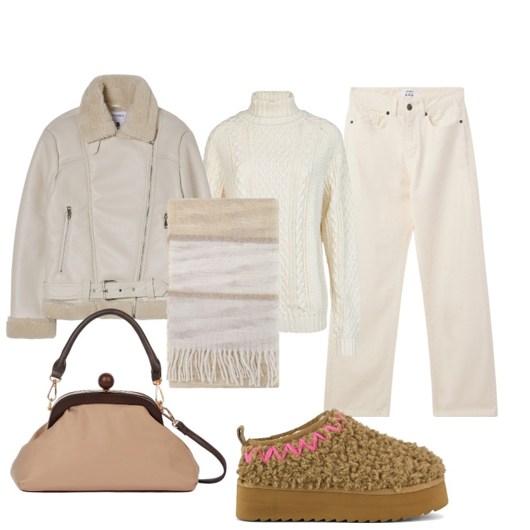 Outfit donna - Total look #2034693. Stile Casual chic per Tutti i giorni. Abbinamento con pantaloni, blazer, foulard, stivaletti, clutch, maglieria.