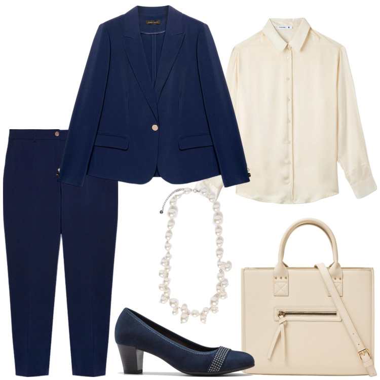 Outfit donna - Total look #2034694. Stile Chic per Ufficio. Abbinamento con décolleté, camicie, shopping bag, blazer, collane, pantaloni.