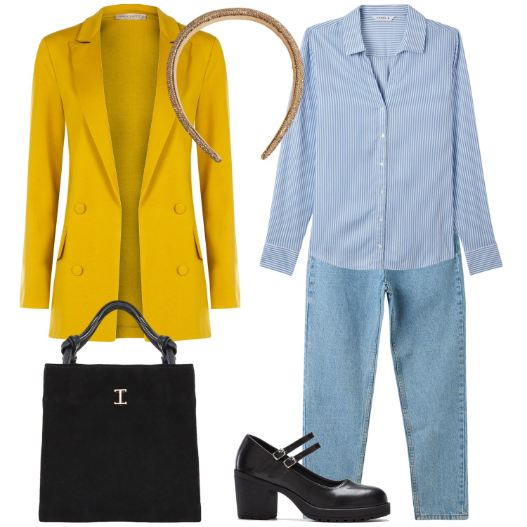 Outfit donna - Il jeans da ufficio. Stile Urban per Ufficio. Abbinamento con décolleté, jeans mom, camicie, cerchietti, blazer, shopping bag.