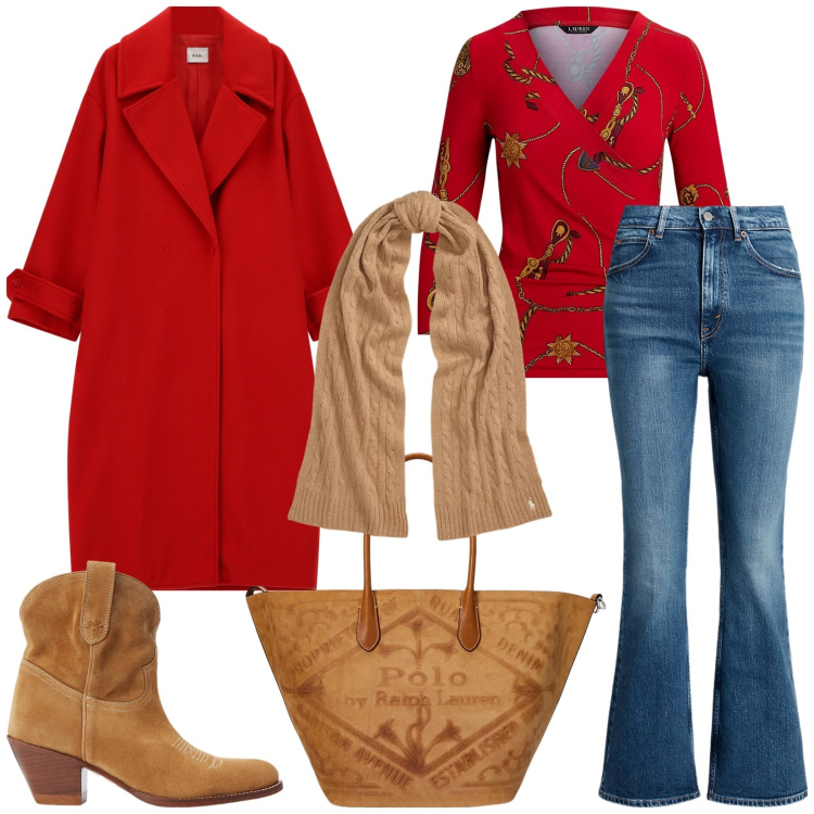 Outfit donna - Red passion. Stile 70s per Serata fuori. Abbinamento con stivaletti, sciarpe, maglieria, jeans, borse tote, cappotti.