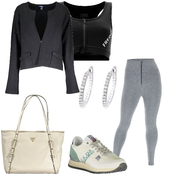 Outfit donna - Zip It Up. Stile Sporty chic per Tutti i giorni. Abbinamento con orecchini, pantaloni skinny, reggiseni, cardigans, sneakers, borse a spalla.