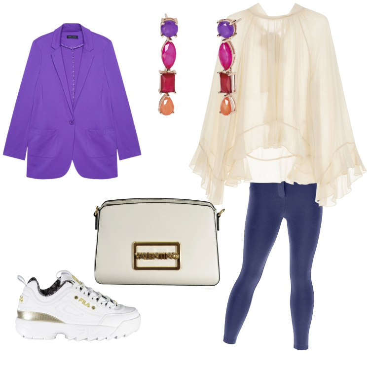 Outfit donna - Comodità per la sera. per Serata fuori. Abbinamento con orecchini, pantaloni skinny, camicie, blazer, borse a spalla, sneakers.