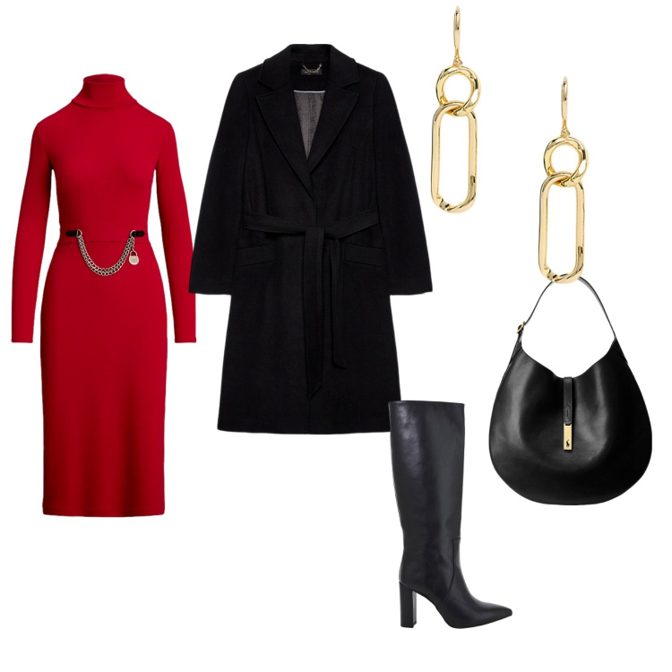 Outfit donna - Iniziamo con il rosso. per Tutti i giorni. Abbinamento con stivali, borse a spalla, vestiti, orecchini, cappotti.