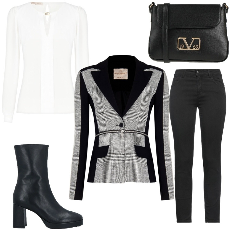 Outfit donna - Lavoro o serata fuori. Stile Chic per Serata fuori. Abbinamento con stivaletti, pantaloni skinny, borse a tracolla, bluse, blazer.