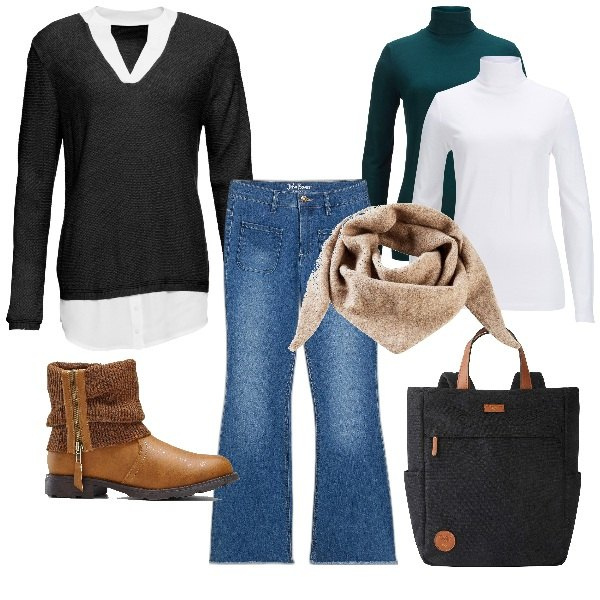 Outfit donna - Pullover e jeans city. Stile Urban per Ufficio. Abbinamento con zaini, stivaletti, maglieria, jeans a zampa, maglieria, foulard.