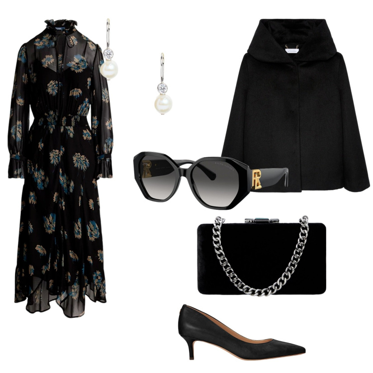 Outfit donna - Un pranzo elegante. per Cerimonia. Abbinamento con décolleté, occhiali da sole, vestiti, clutch, orecchini, cappe.