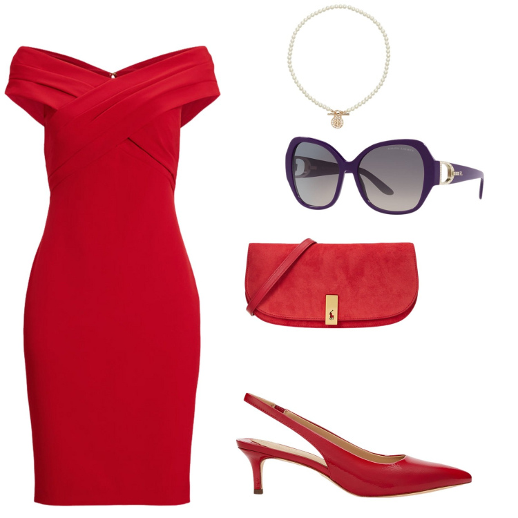 Outfit donna - Red dream. Stile Chic per Cerimonia. look ideale per Petite. Abbinamento con ciondoli, occhiali da sole, décolleté, clutch, vestiti.