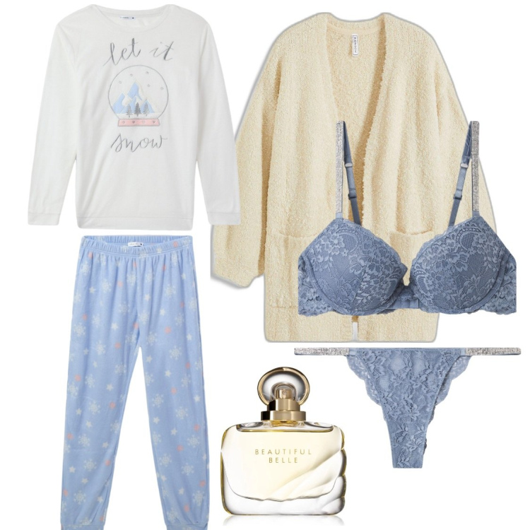 Outfit donna - Dolci sogni. Stile Casual per Tutti i giorni. Abbinamento con cardigans, profumi, reggiseni a balconcino, pigiama, culotte.