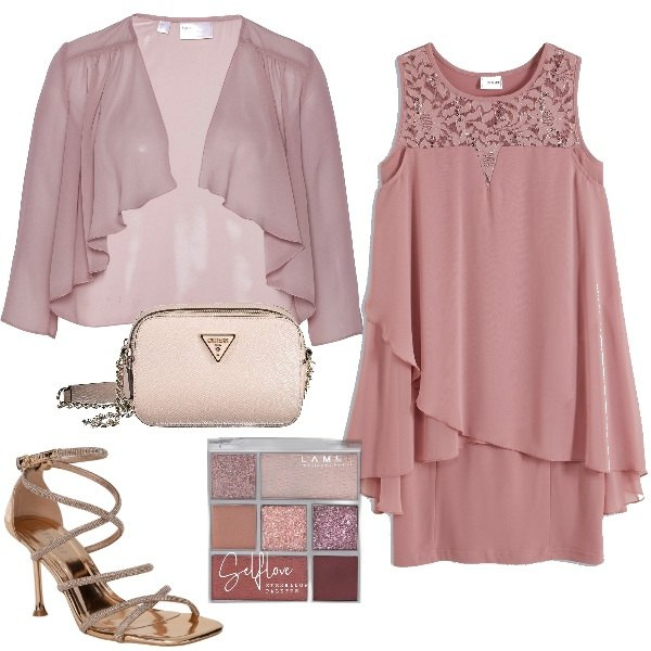 Outfit donna - Effetto glitter e strass. Stile Chic per Cerimonia. Abbinamento con blazer, vestiti, ombretti, sandali col tacco, borse a tracolla.