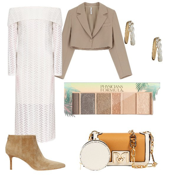 Outfit donna - Insolito e di stile. Stile Boho per Cerimonia. Abbinamento con ombretti, vestiti midi/longuette, pochette, blazer, stivaletti, orecchini.