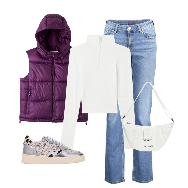 Outfit donna - Viola e bianco. Stile Casual per Tutti i giorni. Abbinamento con marsupi, t-shirt, piumini, sneakers, jeans.