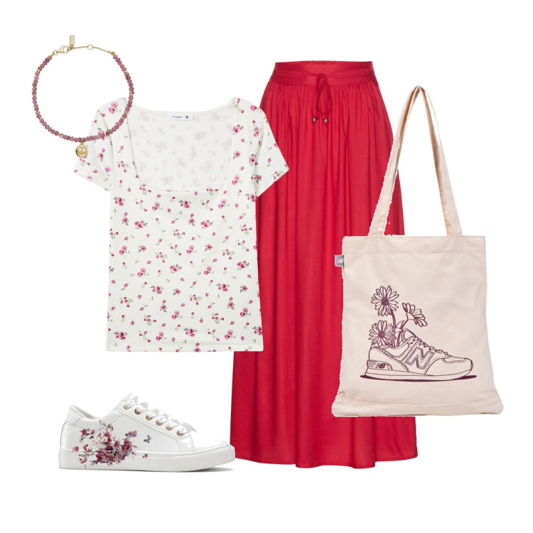 Outfit donna - Picnic a fiori. Stile Romantica per Tutti i giorni. Abbinamento con gonne lunghe, sneakers, t-shirt, braccialetti, shopping bag.