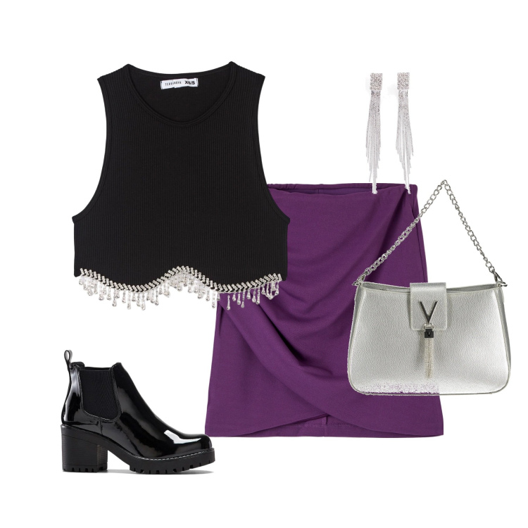 Outfit donna - Serata fuori con le amiche. Stile Glamour per Serata fuori. Abbinamento con orecchini, stivaletti, gonne, top, borse a spalla.