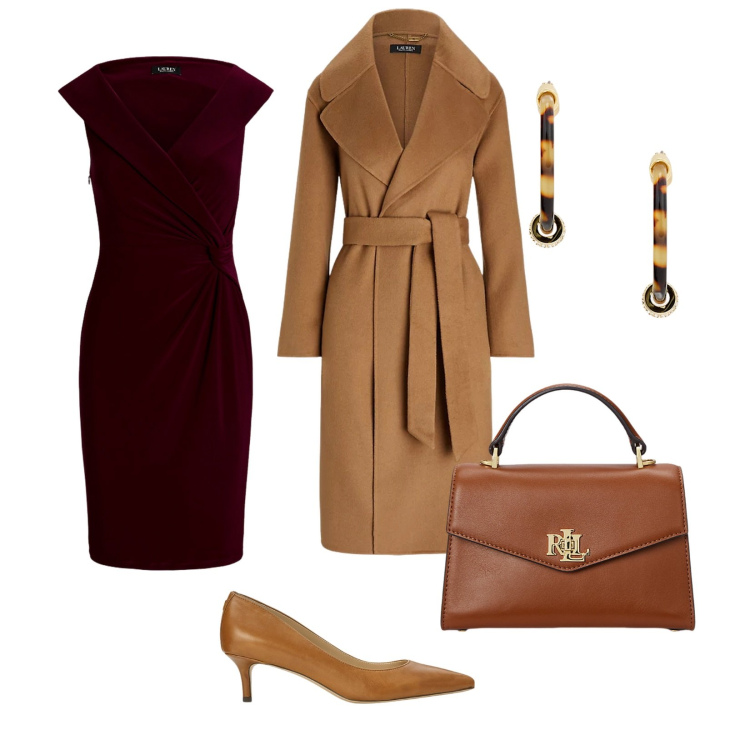 Outfit donna - Elegante per la riunione. per Ufficio. Abbinamento con décolleté, borse a mano, vestiti, orecchini, cappotti.