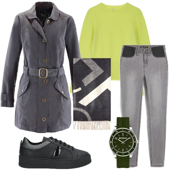 Outfit donna - Tempo libero urbano. Stile Urban per Tutti i giorni. Abbinamento con jeans, trench, sneakers, pullovers, orologi, sciarpe.