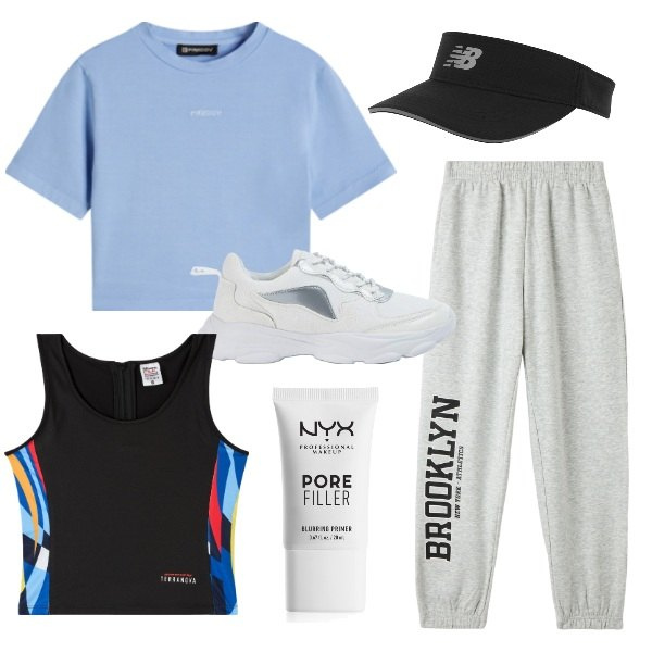 Outfit donna - Giornata in palestra. Stile Sporty chic per Sport. Abbinamento con primer, sneakers, pantaloni sportivi, top sportivi, cappelli con visiera, t-shirt.