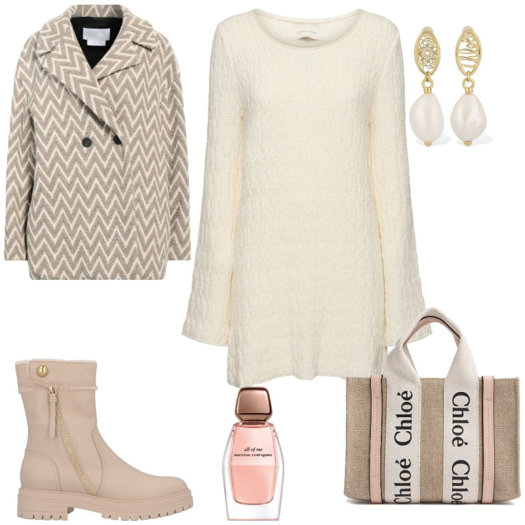 Outfit donna - Chloe\'. Stile Chic per Tutti i giorni. Abbinamento con cappotti, stivaletti, profumi, borse a mano, orecchini, vestiti.