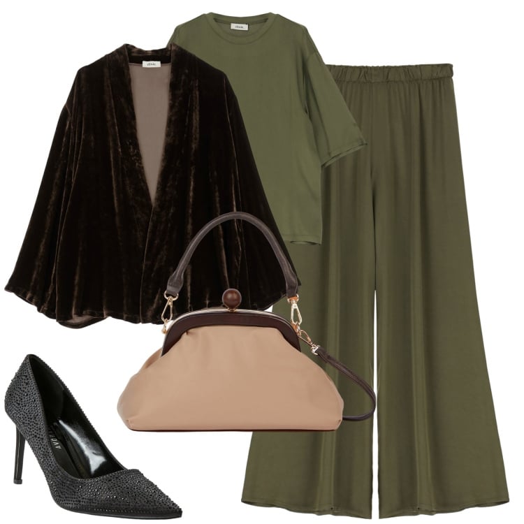 Outfit donna - A cena. Stile Trendy per Serata fuori. Abbinamento con décolleté, blazer, pantaloni, maglieria, clutch.