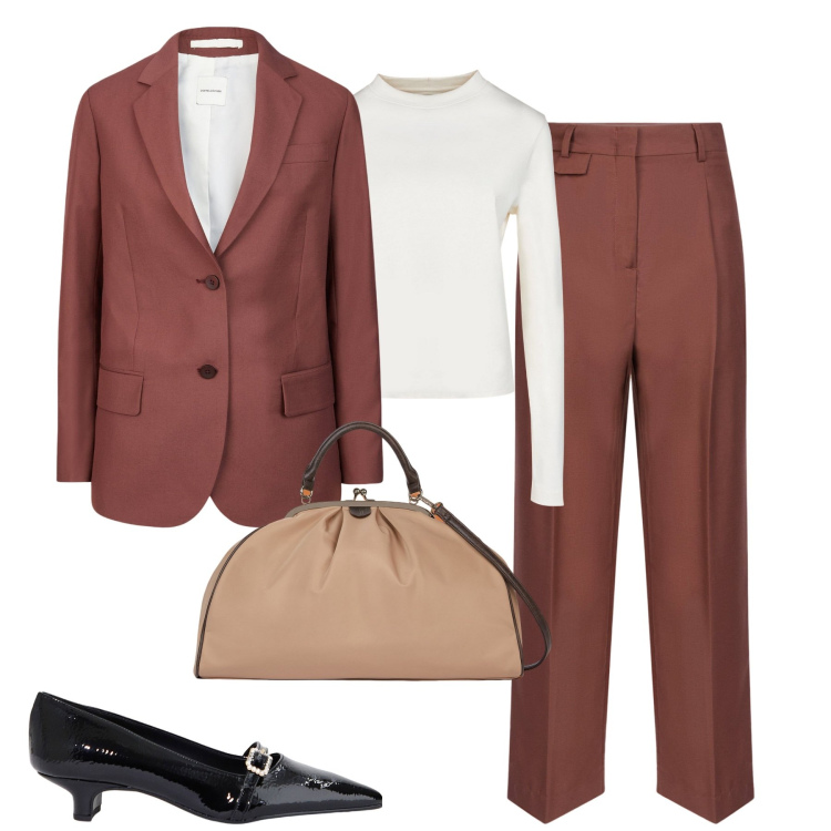 Outfit donna - City. Stile Minimal per Tutti i giorni. Abbinamento con ballerine, pantaloni, blazer, t-shirt, borse a spalla.