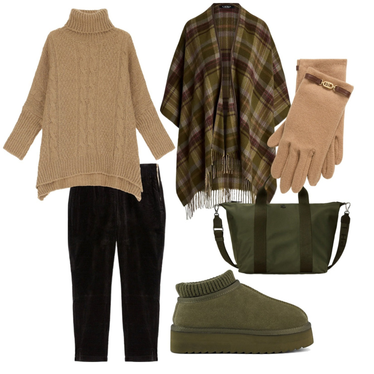 Outfit donna - Un caldo gennaio. per Tutti i giorni. Abbinamento con maglieria, borse tote, guanti, cappe, sabot, jeggings.