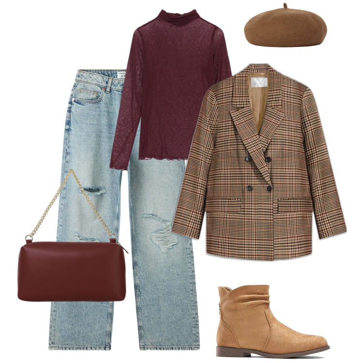 Outfit donna - Total look #2034799. Stile Urban per Tutti i giorni. Abbinamento con stivaletti, blazer, jeans strappati, maglieria, borse a tracolla, cappelli e berretti.