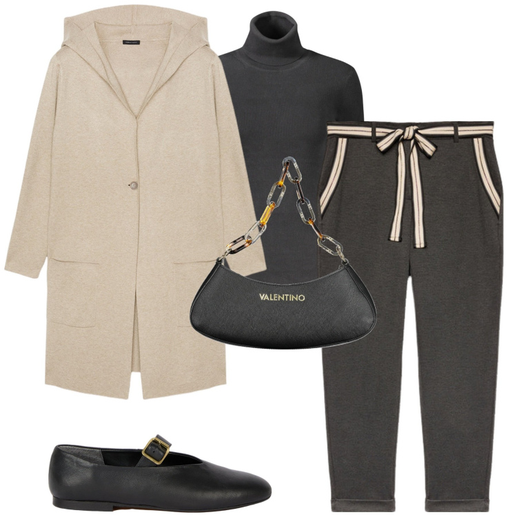 Outfit donna - City. Stile Urban per Tutti i giorni. Abbinamento con pantaloni chino, cardigans, borse a spalla, maglieria, ballerine.
