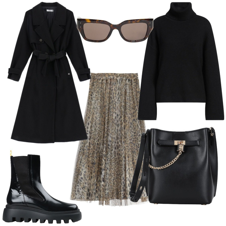 Outfit donna - Al pub. Stile Chic per Serata fuori. Abbinamento con stivaletti, occhiali da sole, borse a tracolla, maglieria, trench, gonne.