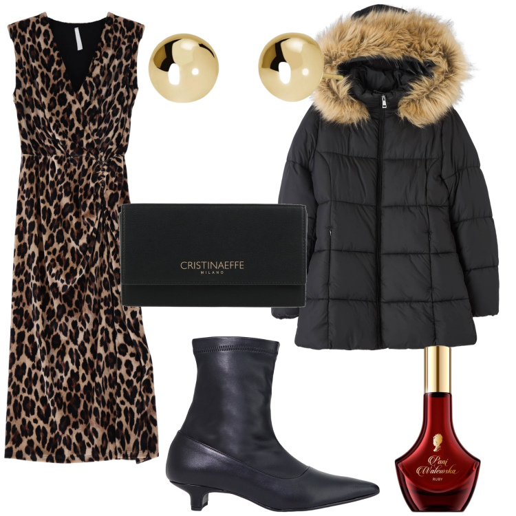 Outfit donna - Gennaio mese di saldi. Stile Glamour per Serata fuori. Abbinamento con borse a mano, profumi, piumini, orecchini, stivaletti, vestiti midi/longuette.