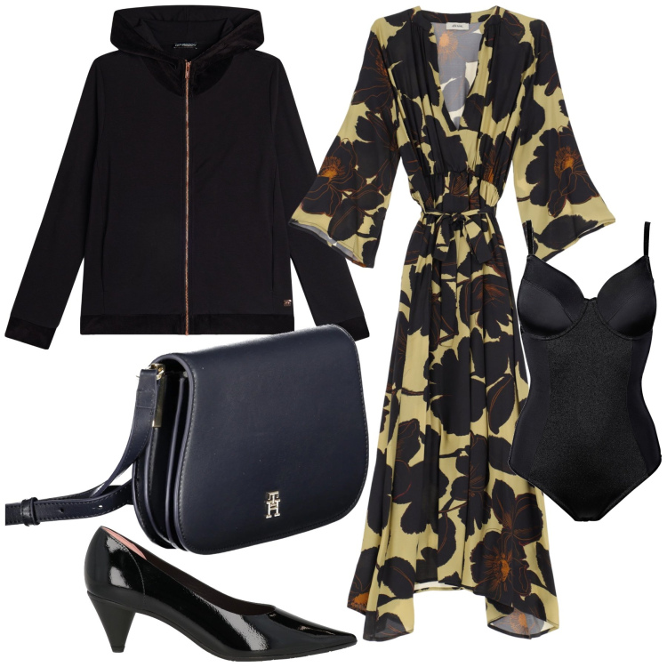 Outfit donna - Ufficio caldo. Stile Trendy per Ufficio. Abbinamento con body, décolleté, felpe con cappuccio, vestiti lunghi, borse a tracolla.