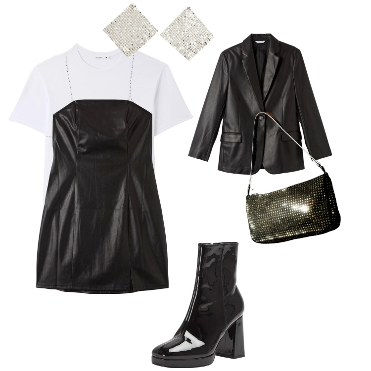 Outfit donna - Uscita in saldi. per Serata fuori. Abbinamento con orecchini, blazer, vestiti midi/longuette, t-shirt, borse a spalla, stivaletti.