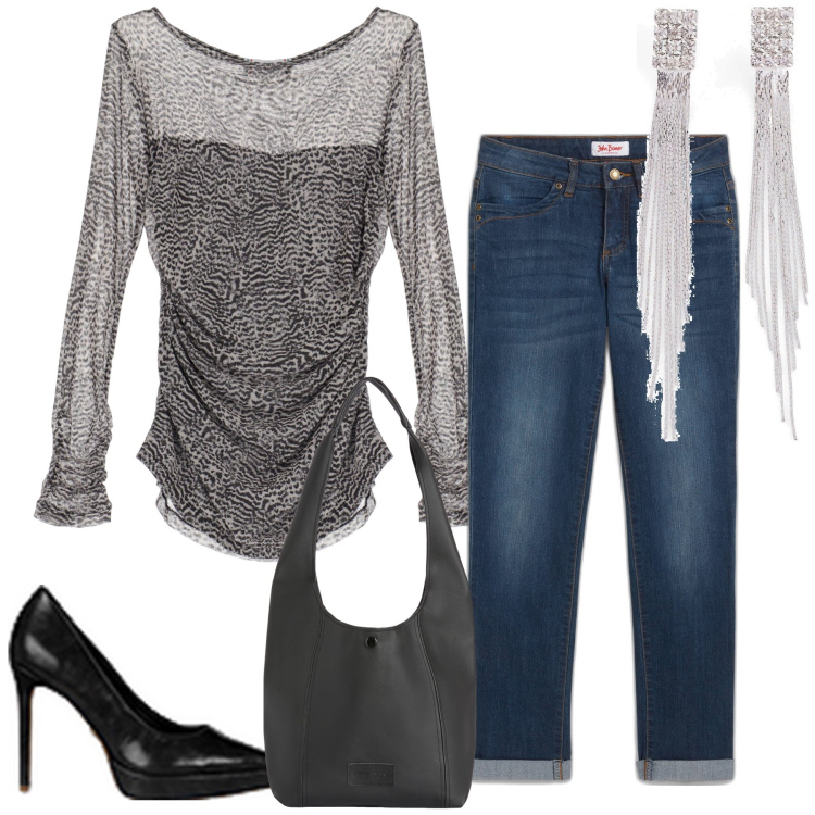 Outfit donna - In jeans con lui. Stile Glamour per Serata fuori. Abbinamento con jeans dritti, orecchini, décolleté, top, borse a spalla.