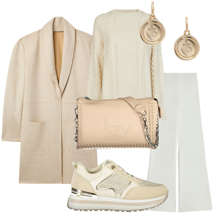 Outfit donna - Speciale Winter Whites. Stile Trendy per Tutti i giorni. Abbinamento con trench, pantaloni, orecchini, sneakers, maglieria, borse a spalla.