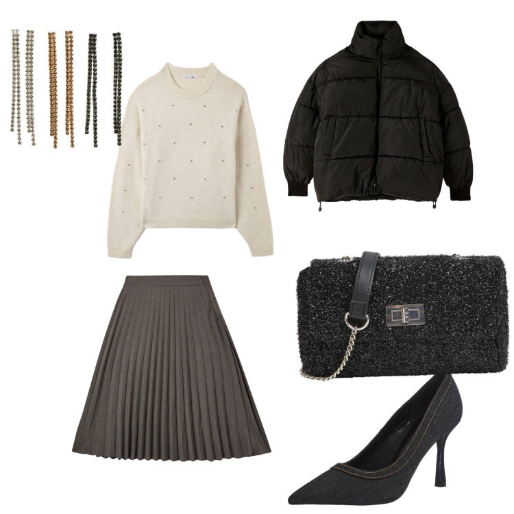 Outfit donna - Andiamo da terranova. per Tutti i giorni. Abbinamento con borse a tracolla, gonne lunghe, maglieria, décolleté, piumini, orecchini.