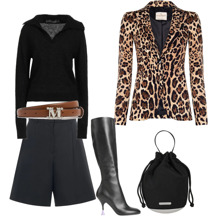 Outfit donna - Agressiva. Stile Trendy per Serata fuori. Abbinamento con stivali, borse a secchiello, pullovers, blazer, shorts, cinture.