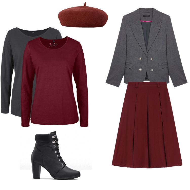 Outfit donna - A Parigi. Stile Bon Ton per Tutti i giorni. Abbinamento con stivaletti, maglieria, gonne longuette, cappelli e berretti, blazer.
