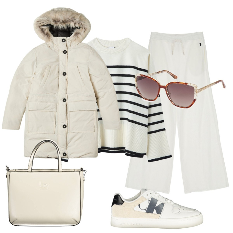 Outfit donna - Eleganza in bianco. Stile Casual chic per Tutti i giorni. Abbinamento con parka, maglieria, pantaloni a palazzo, sneakers, occhiali da sole, borse a spalla.