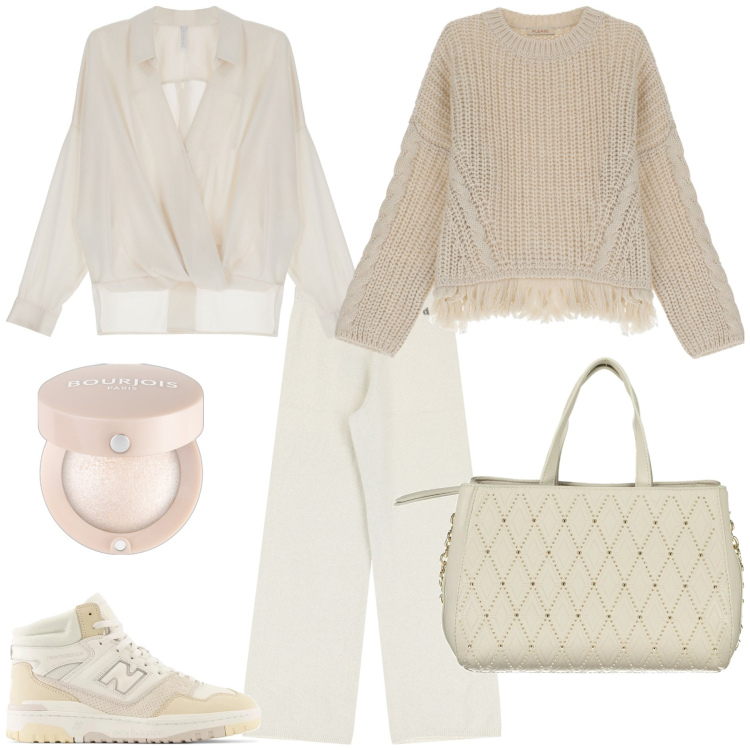 Outfit donna - Speciale Winter Whites. Stile Sporty chic per Tutti i giorni. Abbinamento con ombretti, sneakers, maglieria, camicie, pantaloni a palazzo, borse a spalla.