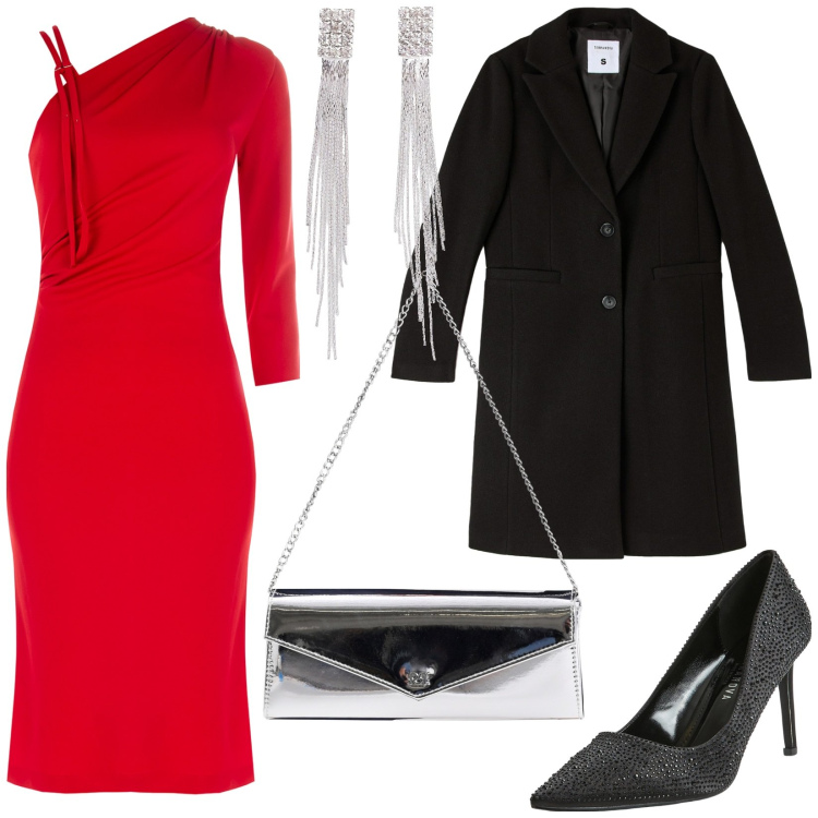 Outfit donna - Serata in rosso. Stile Sexy per Serata fuori. Abbinamento con orecchini, cappotti, décolleté, vestiti asimmetrici, pochette.