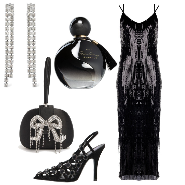 Outfit donna - Dea Nera. Stile Glamour per Serata fuori. Abbinamento con décolleté, profumi, vestiti lunghi, pochette, orecchini.