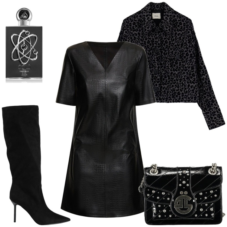 Outfit donna - Serata diversa. Stile Glamour per Serata fuori. Abbinamento con stivali, profumi, blazer, vestiti, borse a tracolla.