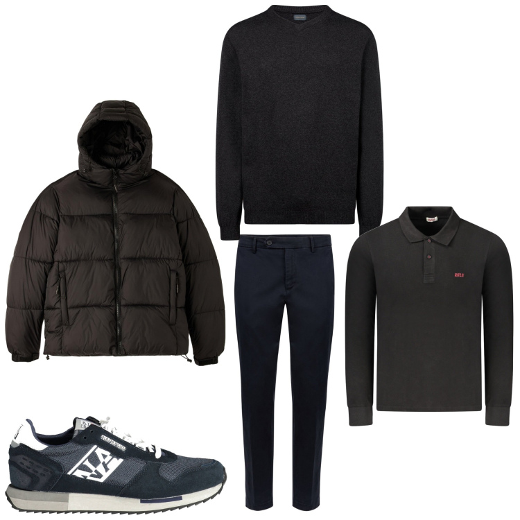 Outfit uomo - All black. Stile Business/Elegante per Tutti i giorni. Abbinamento con piumini, maglieria, pantaloni chino, sneakers, polo.