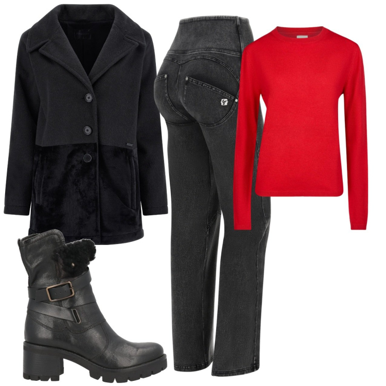 Outfit donna - Total look #2034891. Stile Casual chic per Tutti i giorni. Abbinamento con stivaletti, jeans, cappotti, maglieria.
