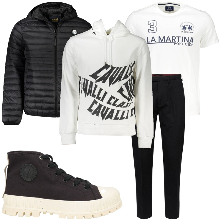Outfit uomo - Casual bianco e nero. Stile Urban per Tutti i giorni. Abbinamento con stivali e stivaletti, pantaloni, giacche, t-shirt, felpe con cappuccio.