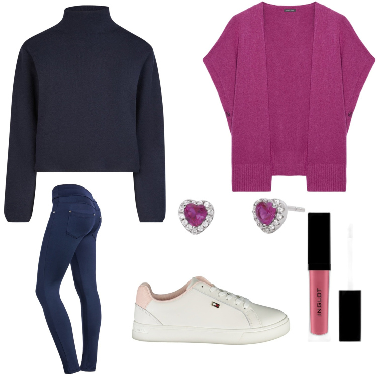 Outfit donna - Comodo. Stile Casual per Tutti i giorni. Abbinamento con rossetti, orecchini, pantaloni, sneakers, cardigans, cappe.