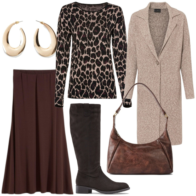 Outfit donna - Total look #2034904. Stile Casual chic per Tutti i giorni. Abbinamento con cappotti, stivali, maglieria, orecchini, borse a mano, gonne.