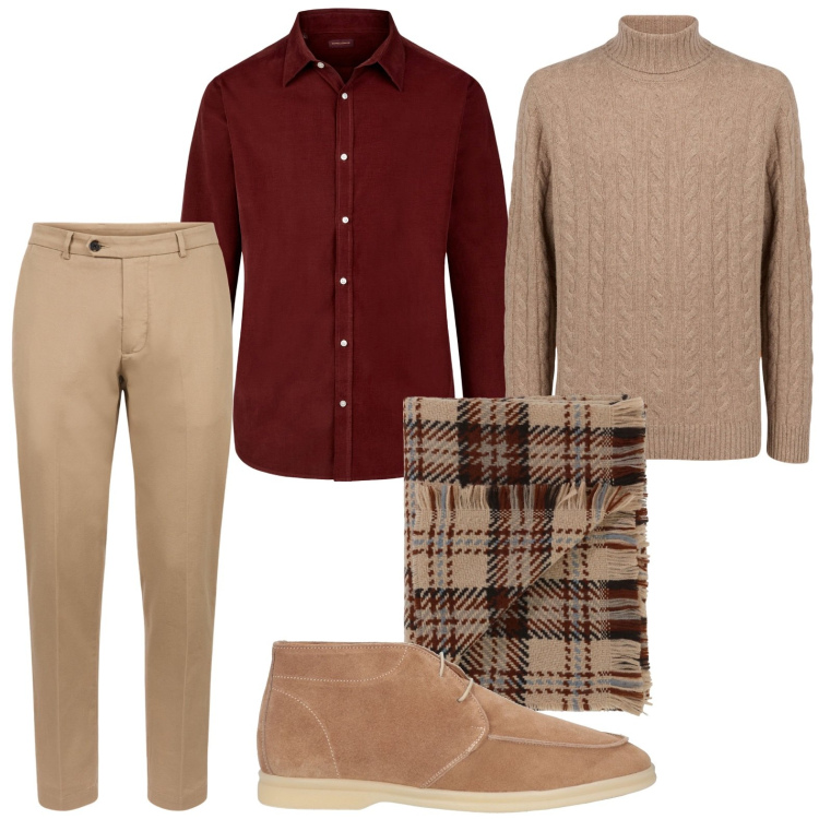 Outfit uomo - La camicia wine. Stile Urban per Ufficio. Abbinamento con stivali e stivaletti, sciarpe, maglieria, camicie, pantaloni.